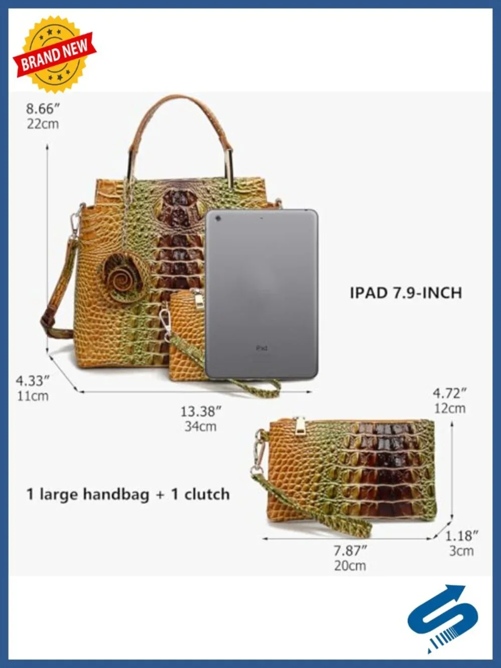 2-Piece Tote Bag Set with Wallet, Crocodile Print, Large Structured Shoulder
